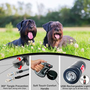 WIGZI Dual Doggie (2 DOG) Retractable Leash with Light (L.E.D), No Tangle 360 Technology, Independent Braking Each Dog up to 50lbs Each Dog with 10 ft Reflective Leads for Safety, Black & Gray Buttons