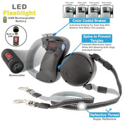 WIGZI Dual Doggie (2 DOG) Retractable Leash with Light (L.E.D), No Tangle 360 Technology, Independent Braking Each Dog up to 50lbs Each Dog with 10 ft Reflective Leads for Safety, Black & Gray Buttons