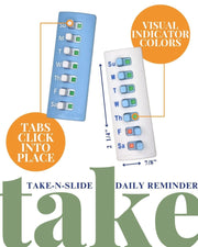 TAKE-N-SLIDE Peel and Stick Reusable for 12 + Refills, Pill/Medication/Vitamin/Pet Med Tracker & Reminder, Attach to Your Bottle, Organizer-Free, Curved‑Back (White, 2-Pack)