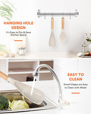 Cooking Spoon and Rice Scooper for Nonstick Cookwares, Great for Cooking and Serving Sturdy BPA-Free Matte Silicone, Wood Handle Spoon for Mixing, Scoop, and Scrape (KHAKI)