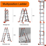 LANBITOU Ladder, A Frame 4 Step Ladder Extension, 14 FT Anti-Slip Multi Position & Storage Folding Ladder, 330 lbs Security Load Telescoping Aluminum Ladders for Stairs Home Indoor Outdoor Roof