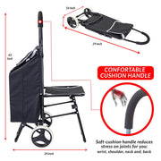 dbest products Trolley Dolly Sport with Chair – Foldable Grocery Cart on Wheels – Multi Use Rolling Cart with Built-in Seat, Removable Bag, and Hand Truck Dolly Function, Black