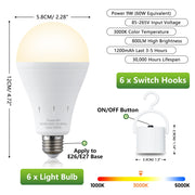 DEBAOBULB 6 Pack Rechargeable Emergency Light Bulbs, Battery Powered Energy Efficient LED Light Bulb 3000K Warm E26 120 Volt 9W 60W Equivalent with 1200mAh for Home Power Outage Camping Hurricane