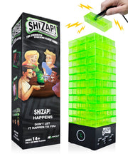 Amped Gamez ShiZap! - Electric Shock Stacking Block Game, Plastic Tumble Tower Blocks, Shocking Tweezers, LED Base That Plays Suspenseful Music, Family Fun Party Games for Teenage Boys, Girls, Adults