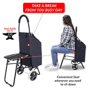 dbest products Trolley Dolly Sport with Chair – Foldable Grocery Cart on Wheels – Multi Use Rolling Cart with Built-in Seat, Removable Bag, and Hand Truck Dolly Function, Black