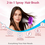Hair Brush with Water Spray Mister - 2-in-1 Detangling Brush with Built-in Fine Mist, Portable Wet & Dry Styling Tool for Smooth, Frizz-Free Hair - Quick Refresh for Women & Girls On-The-Go(1 Purple)