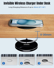 Eazpower Invisible Wireless Charger, 0-30mm Under Desk Wireless Charger, Dual Uses On or Hidden Under Table Charging Pad for Nightstand for iPhone 17/17 Pro/17 Pro Max/17 Air/16/15/14/Samsung Phone