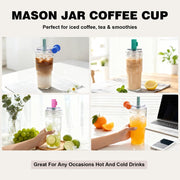 ANOTION 2pc Glass Tumbler with Lids and Straws, Leakproof 24oz Mason Jar Cups, Cap Cup Leak-Proof, Self-Assembly Silicone Straw, Reusable Iced Coffee Smoothie Matcha Cup Aesthetic Coffee Gifts Women