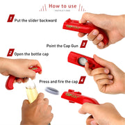 bottle cap shooting gun - Fun bottle opener tool launches bottle caps for parties, barbecues, and bar games (red-black-grey)