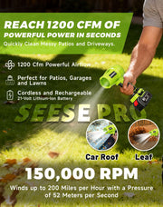 Seese Pro Blower, Seese Handheld Cordless Turbo Jet Blower 1000g, Ultra-Light, Ultra-Powerful, 1200 Cfm Airflow, 50 Minutes Runtime, for Car/Lawn/Garage Cleaning and Snow Removal (2 Battery Set)