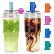 ANOTION 2pc Glass Tumbler with Lids and Straws, Leakproof 24oz Mason Jar Cups, Cap Cup Leak-Proof, Self-Assembly Silicone Straw, Reusable Iced Coffee Smoothie Matcha Cup Aesthetic Coffee Gifts Women