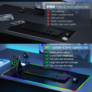 Mouse Pad with Phone Holder, Wireless Charging Desk Mat, RGB Gaming Mousepad Home Office Large Desk Pad with Ultra-Smooth Surface, Non-Slip Base, Waterproof Keyboard Pad, Classic Black Desk Mat