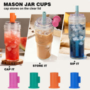 ANOTION 2pc Glass Tumbler with Lids and Straws, Leakproof 24oz Mason Jar Cups, Cap Cup Leak-Proof, Self-Assembly Silicone Straw, Reusable Iced Coffee Smoothie Matcha Cup Aesthetic Coffee Gifts Women