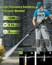 Portable Pressure Washer Cordless 2 Batteries - 1200PSI Brushless Battery Powered Power Washer with 6-in-1 Nozzle, Foam Cannon, 3 Power Level, Hand Held Pressure Washer for Cars Patio Driveway