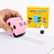 GoldenEgg Math Teacher 4-in-1 Math Roller Stamp, Addition, Subtraction, Multiplication & Fill-in-The-Blank Practice Tool for Kids, Classroom & Home Use (Pink)
