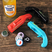 bottle cap shooting gun - Fun bottle opener tool launches bottle caps for parties, barbecues, and bar games (red-black-grey)