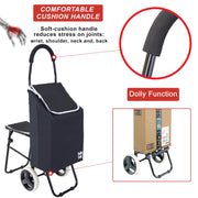 dbest products Trolley Dolly Sport with Chair – Foldable Grocery Cart on Wheels – Multi Use Rolling Cart with Built-in Seat, Removable Bag, and Hand Truck Dolly Function, Black
