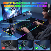 Mouse Pad with Phone Holder, Wireless Charging Desk Mat, RGB Gaming Mousepad Home Office Large Desk Pad with Ultra-Smooth Surface, Non-Slip Base, Waterproof Keyboard Pad, Classic Black Desk Mat