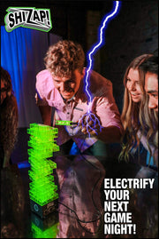Amped Gamez ShiZap! - Electric Shock Stacking Block Game, Plastic Tumble Tower Blocks, Shocking Tweezers, LED Base That Plays Suspenseful Music, Family Fun Party Games for Teenage Boys, Girls, Adults