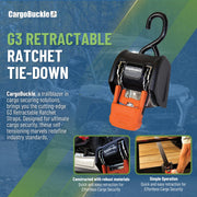 CargoBuckle G3 Retractable Ratchet Tie-Down System - Durable and Strong Straps with Dual Safety Lock System for Secure Cargo - 3,500 lbs Break Strength, 2-Pack Count