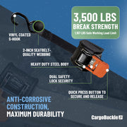 CargoBuckle G3 Retractable Ratchet Tie-Down System - Durable and Strong Straps with Dual Safety Lock System for Secure Cargo - 3,500 lbs Break Strength, 2-Pack Count
