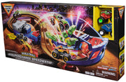 Monster Jam, Supercharge Speedway Playset, Megalodon and El Toro Loco Die-Cast Monster Trucks, Light Up World Finals Track Kids Toys for Boys Ages 3 and Up