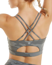 RUNNING GIRL Strappy Sports Bra for Women, Sexy Crisscross Back Medium Support Yoga Bra with Removable Cups (WX2354_Camouflage Grey, XS)