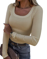 Roselux Womens Long Sleeve Scoop Neck Ribbed Knit Fitted Casual Tops Tee Slim Basic Shirts(3924,Beige-S)