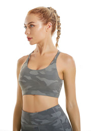 RUNNING GIRL Strappy Sports Bra for Women, Sexy Crisscross Back Medium Support Yoga Bra with Removable Cups (WX2354_Camouflage Grey, XS)